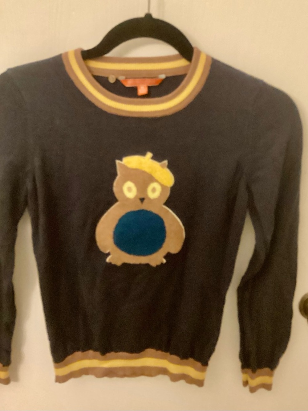 Modcloth Navy Sweater with Owl Applique and Yellow Trim